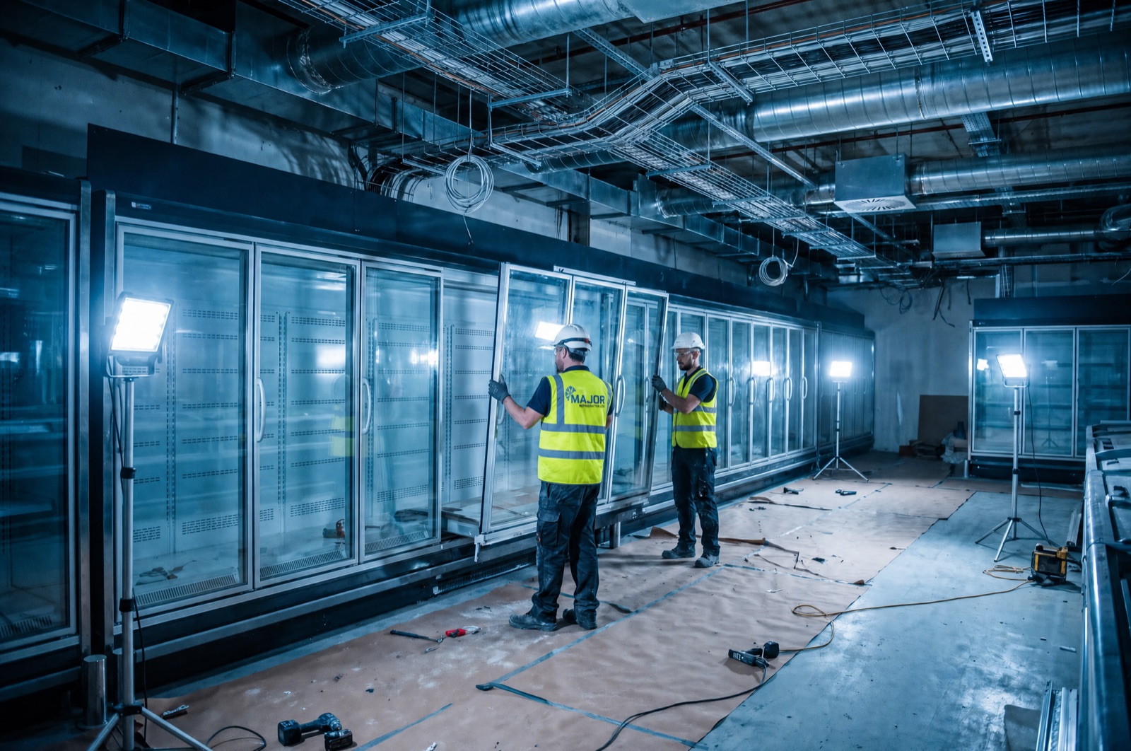 Installers positioning refrigerated cases during a supermarket buildout