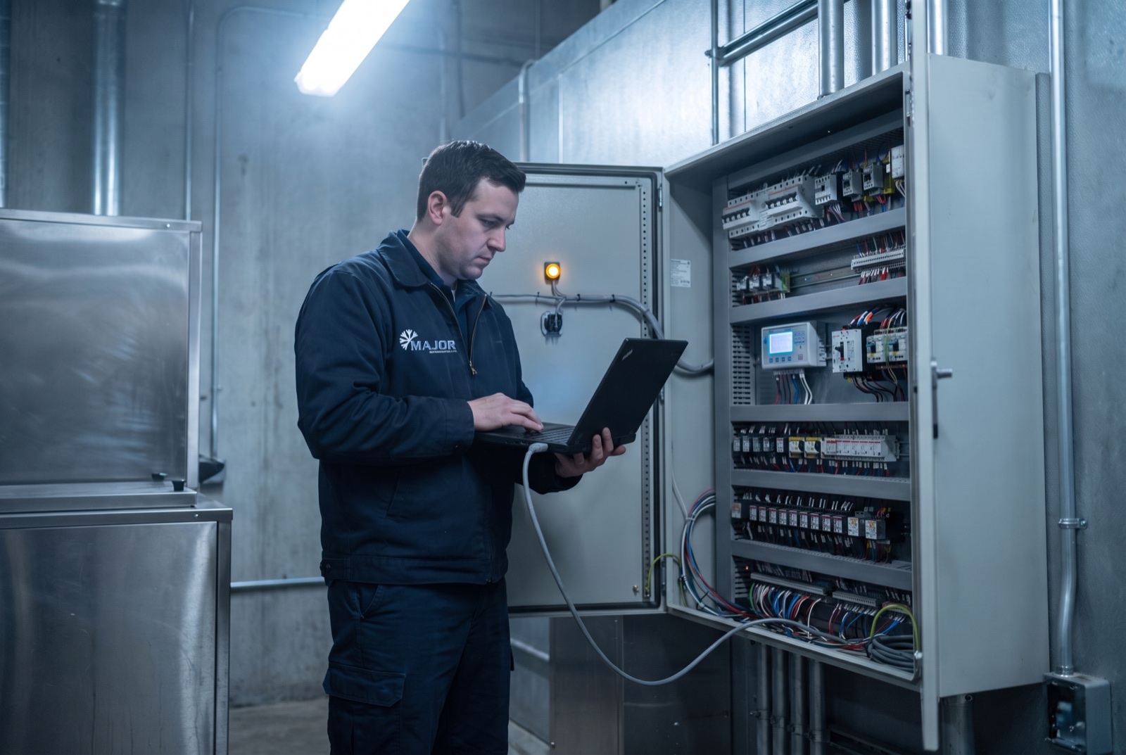 Technician programming a refrigeration control panel from a laptop in a supermarket mechanical room