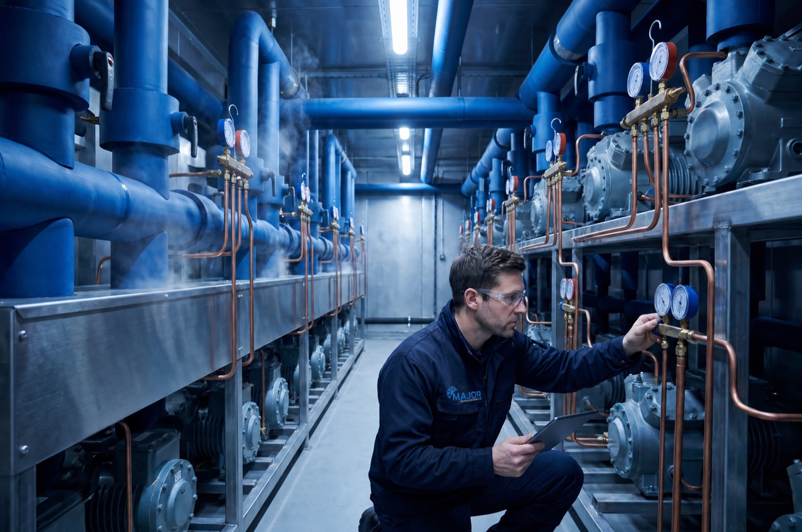 Technician checking gauges on a commercial refrigeration rack system