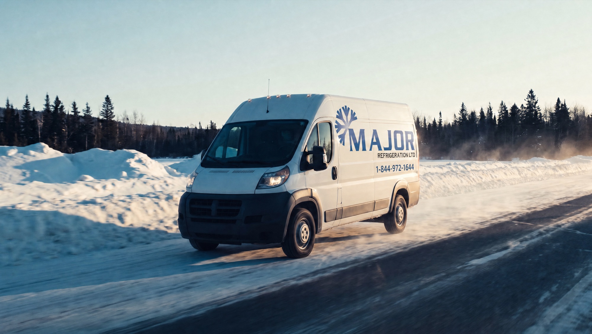 A service van on a Canadian highway in winter