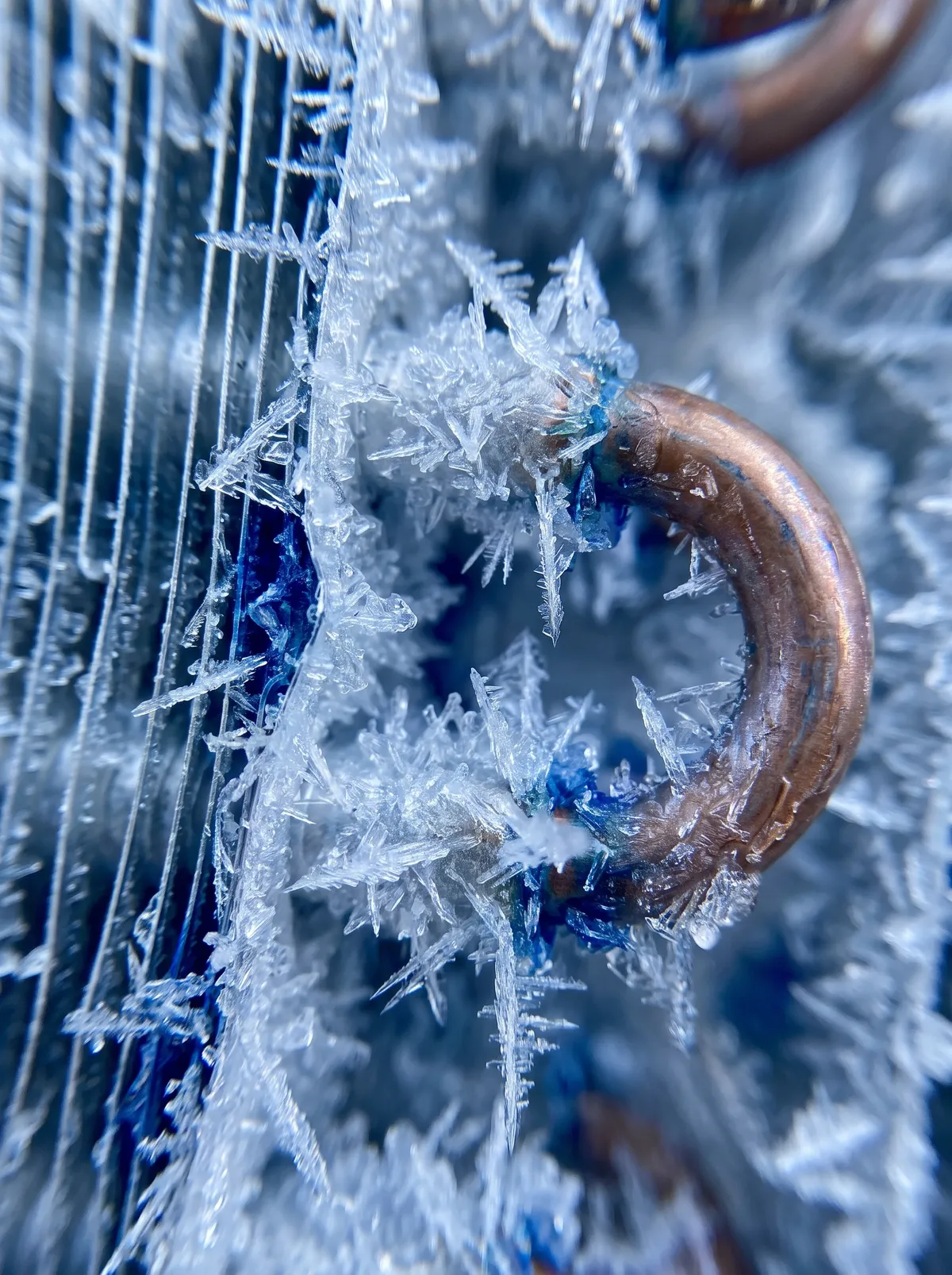Macro of a frost-coated evaporator coil